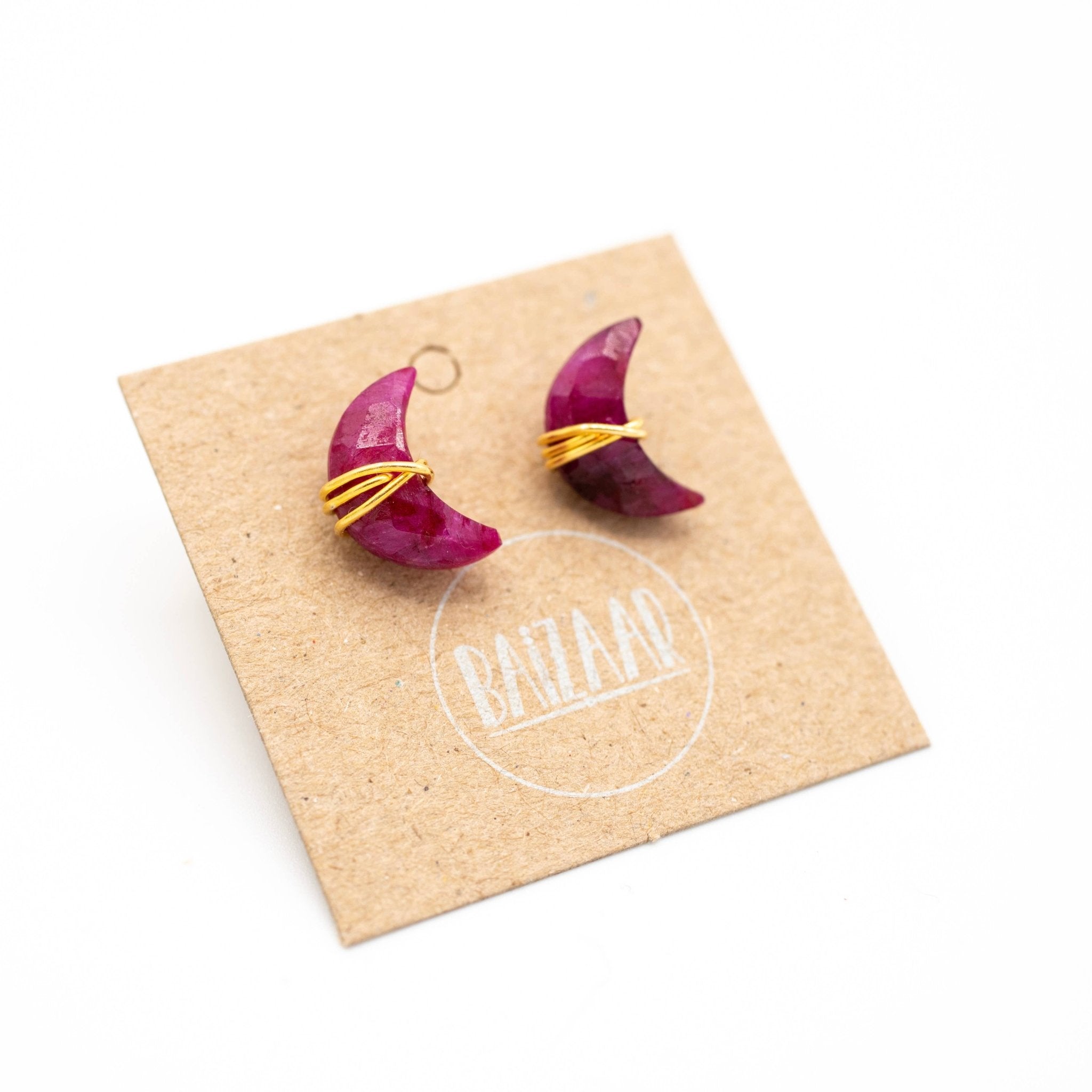 Wrapped Crescent Stone Stud - Gold Plated Brass - Spiral Circle