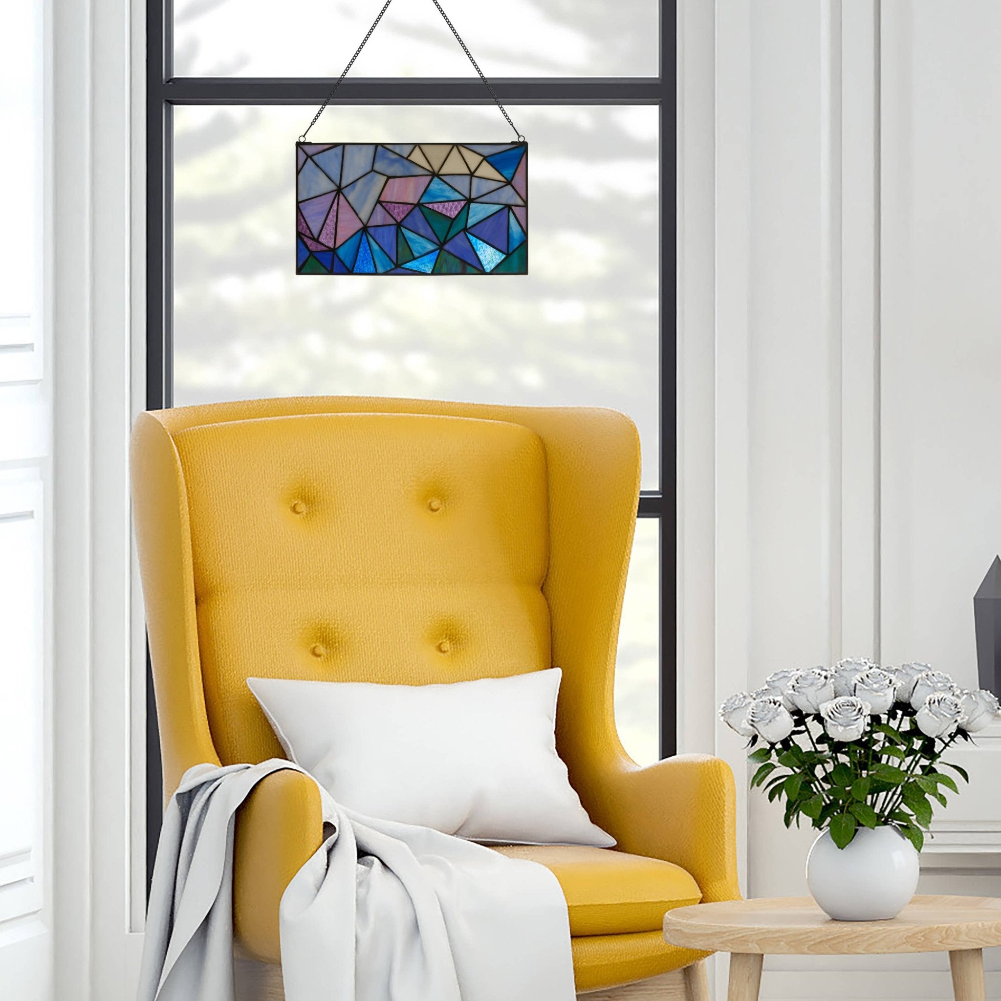 14"L Geometric Abstract Blue Stained Glass Window Panel - Spiral Circle