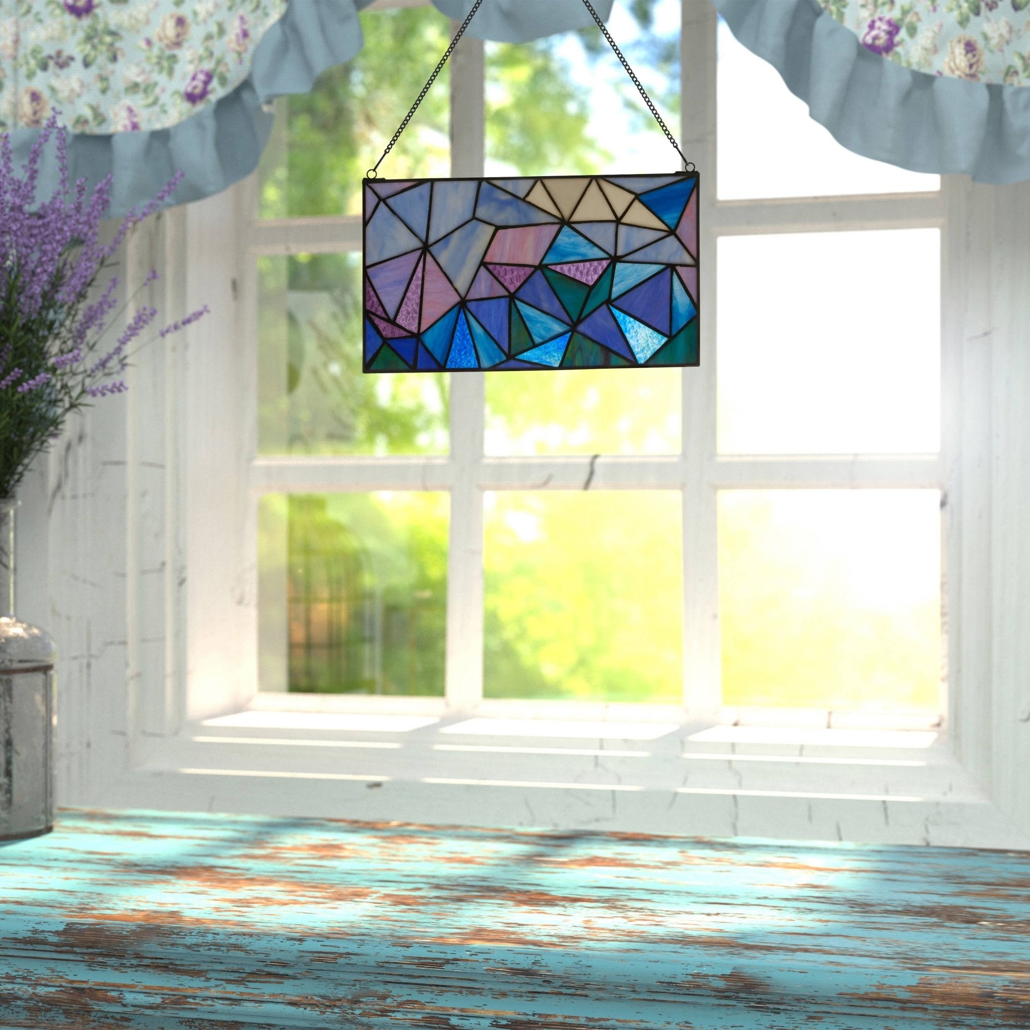 14"L Geometric Abstract Blue Stained Glass Window Panel - Spiral Circle