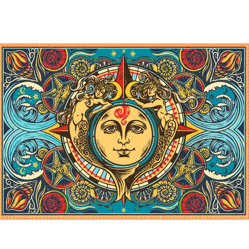 3D Mermaid Sun Moon Tapestry - Spiral Circle