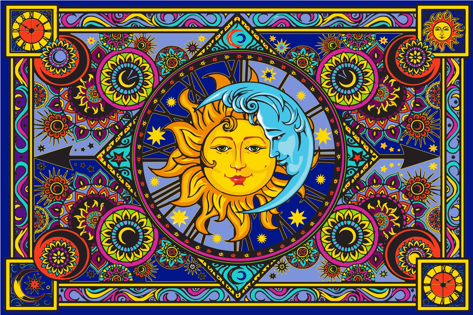 3D Sun Moon Clock Tapestry - Spiral Circle