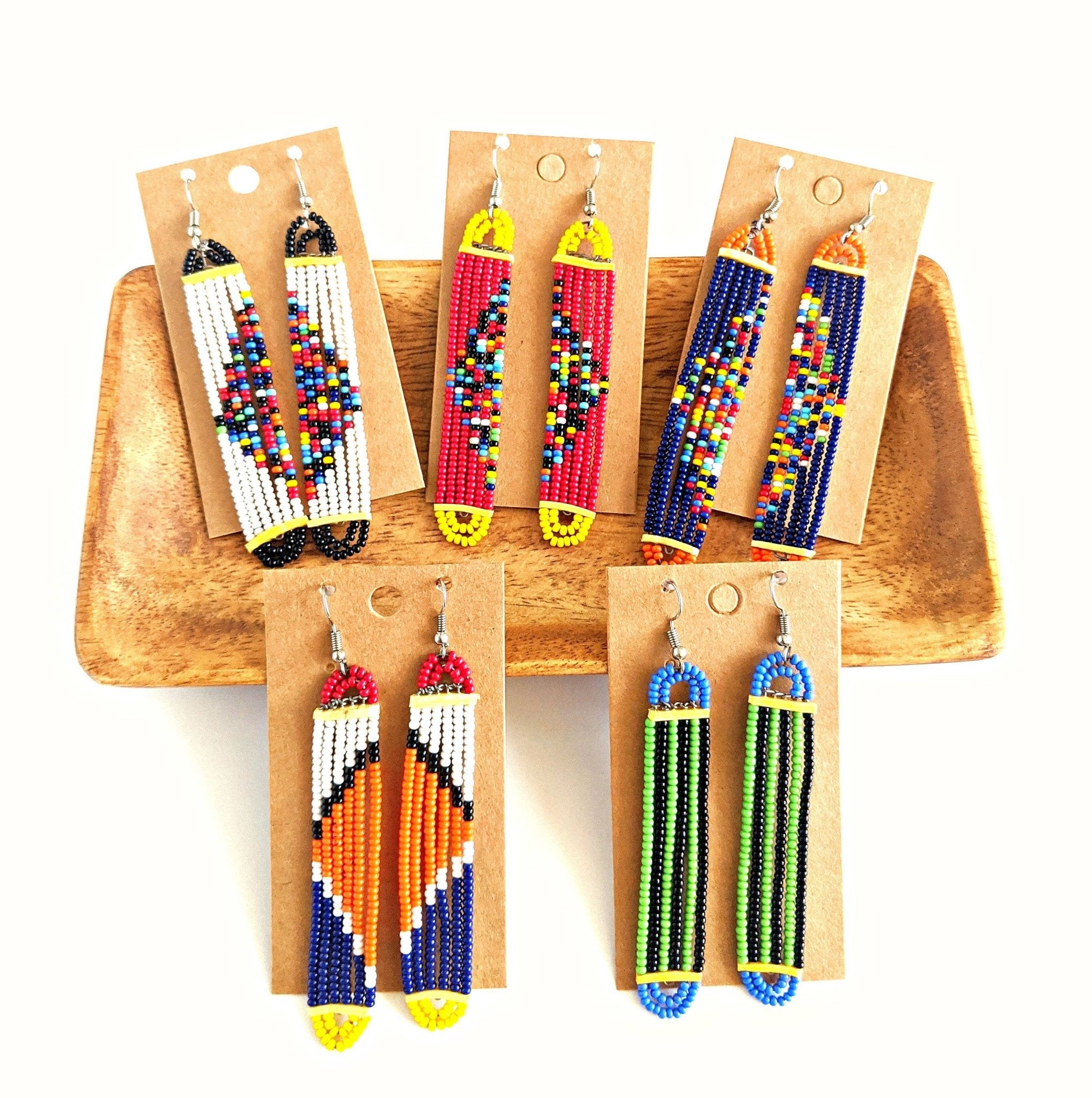 African Bead Long Earrings - Spiral Circle