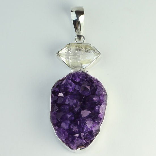 Amethyst Druzy & Herkimer Diamond Pendant - Spiral Circle