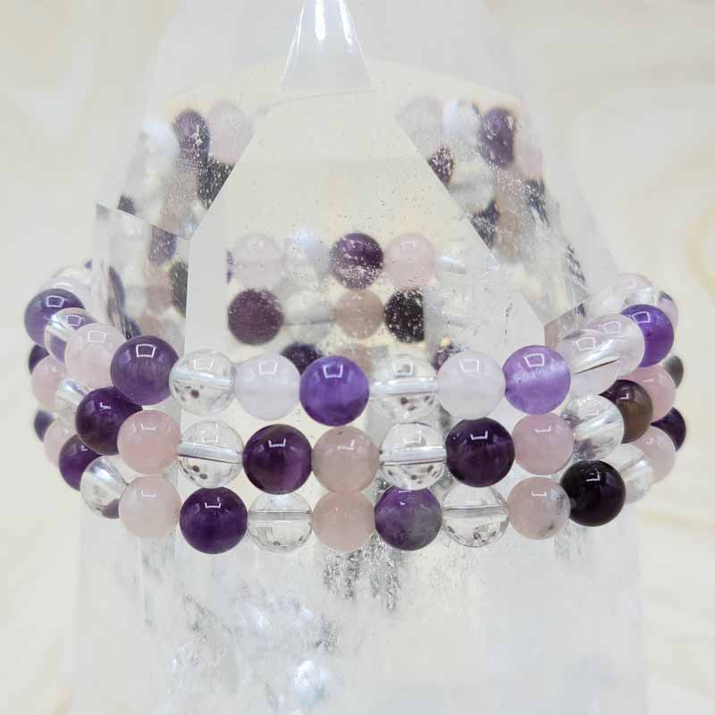 Amethyst, Rose Quartz, & Clear Quartz Beaded Bracelet | 6MM - Spiral Circle