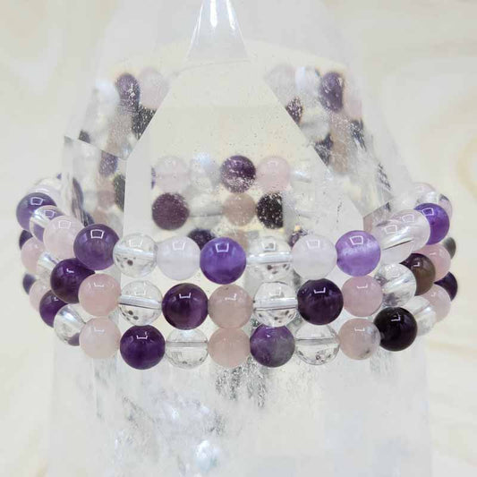 Amethyst, Rose Quartz, & Clear Quartz Beaded Bracelet | 6MM - Spiral Circle