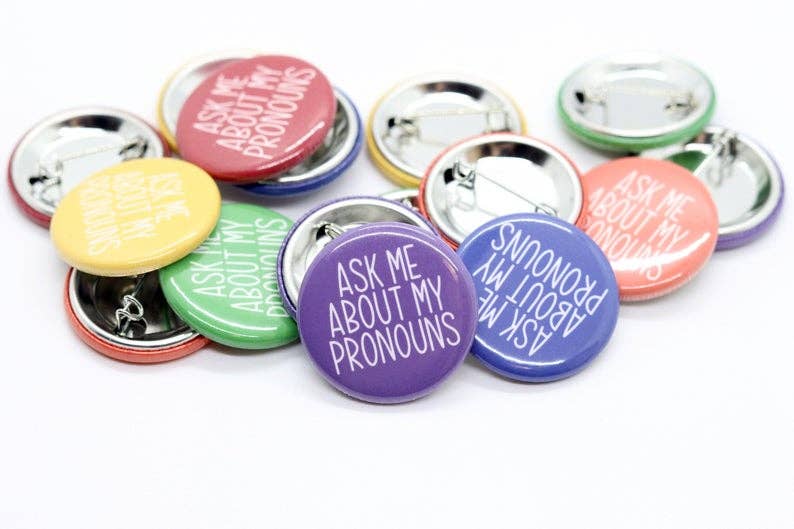 Ask Me About My Pronouns Pinback Button - Spiral Circle