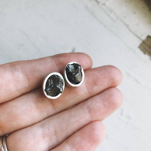 Authentic Meteorite Oval Stud Earrings - Spiral Circle