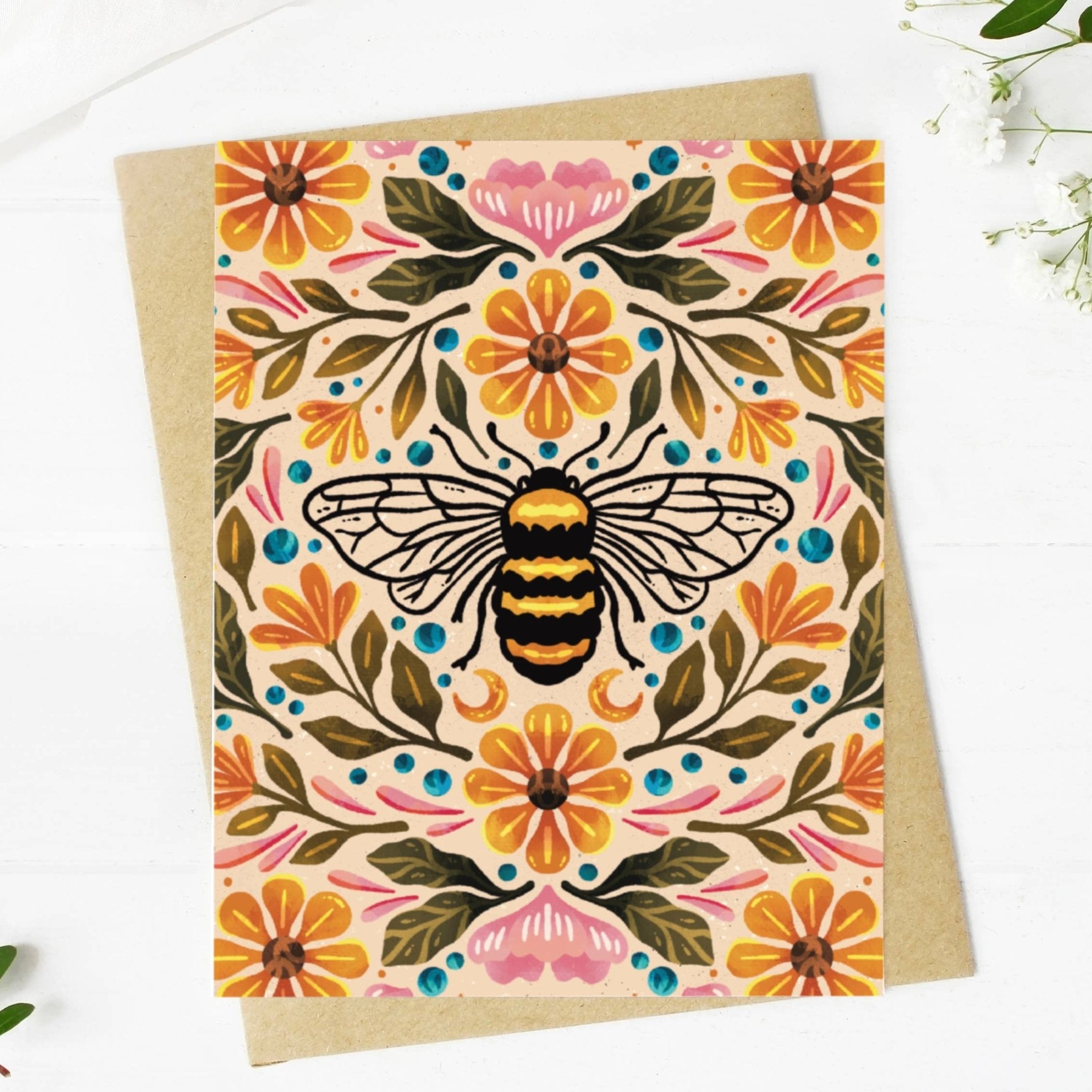 Bee & Floral Greeting Card - Spiral Circle