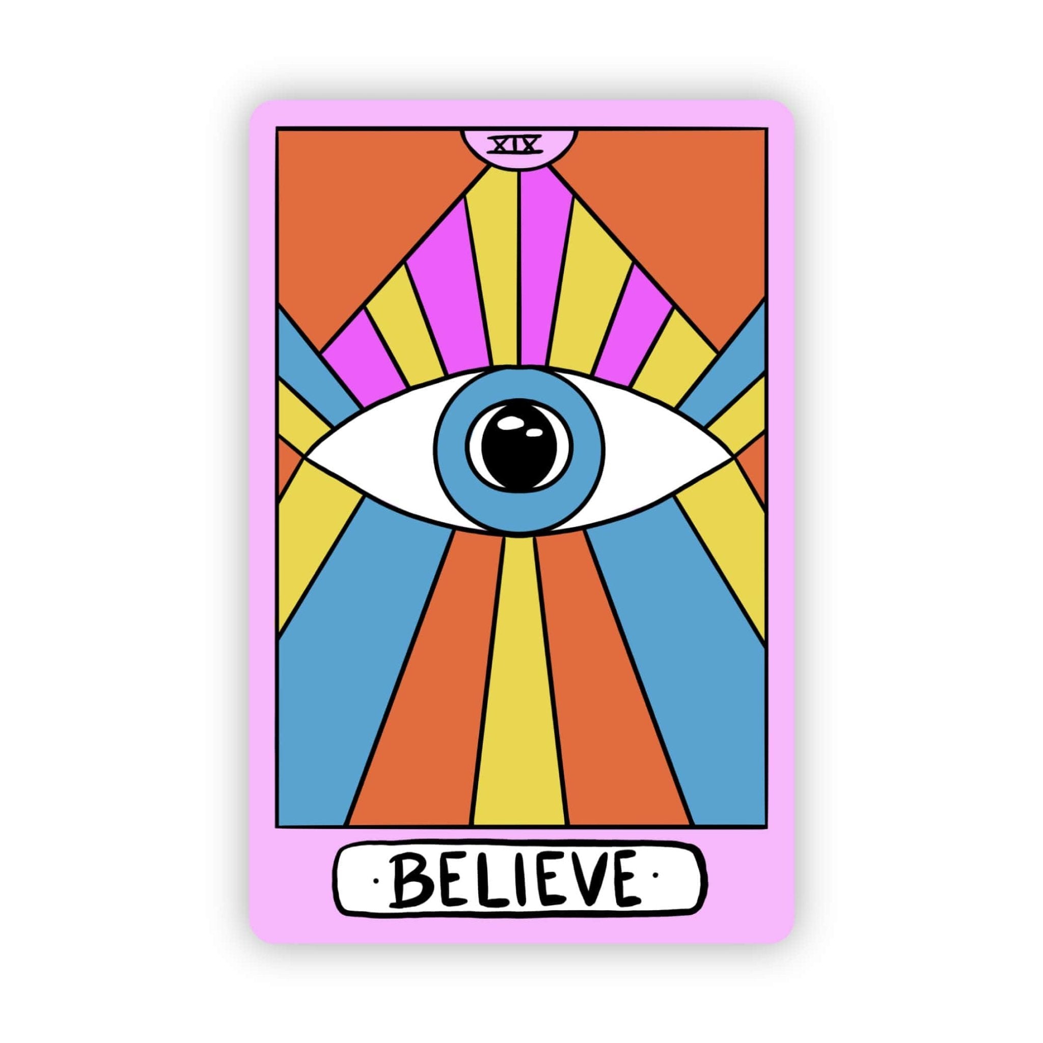"Believe" Blue Evil Eye Vibrant Tarot Card Sticker - Spiral Circle