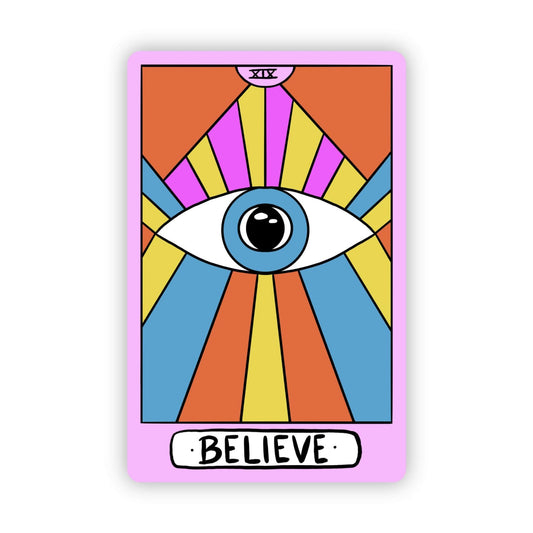 "Believe" Blue Evil Eye Vibrant Tarot Card Sticker - Spiral Circle
