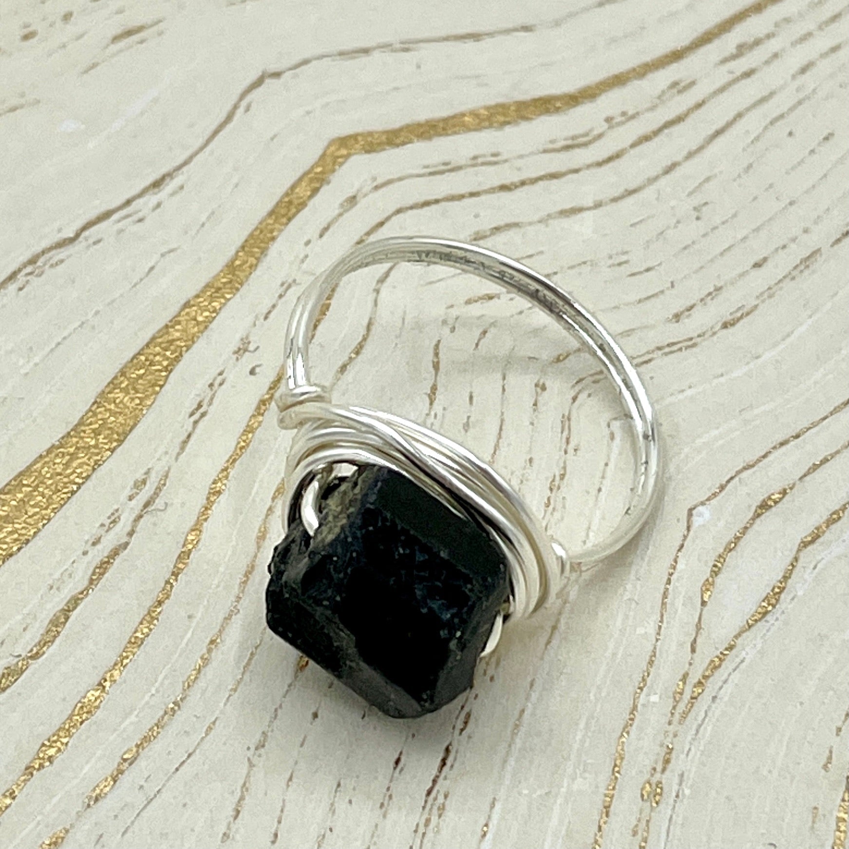 Black Tourmaline Simple Gemstone Ring | Sterling Silver - Spiral Circle