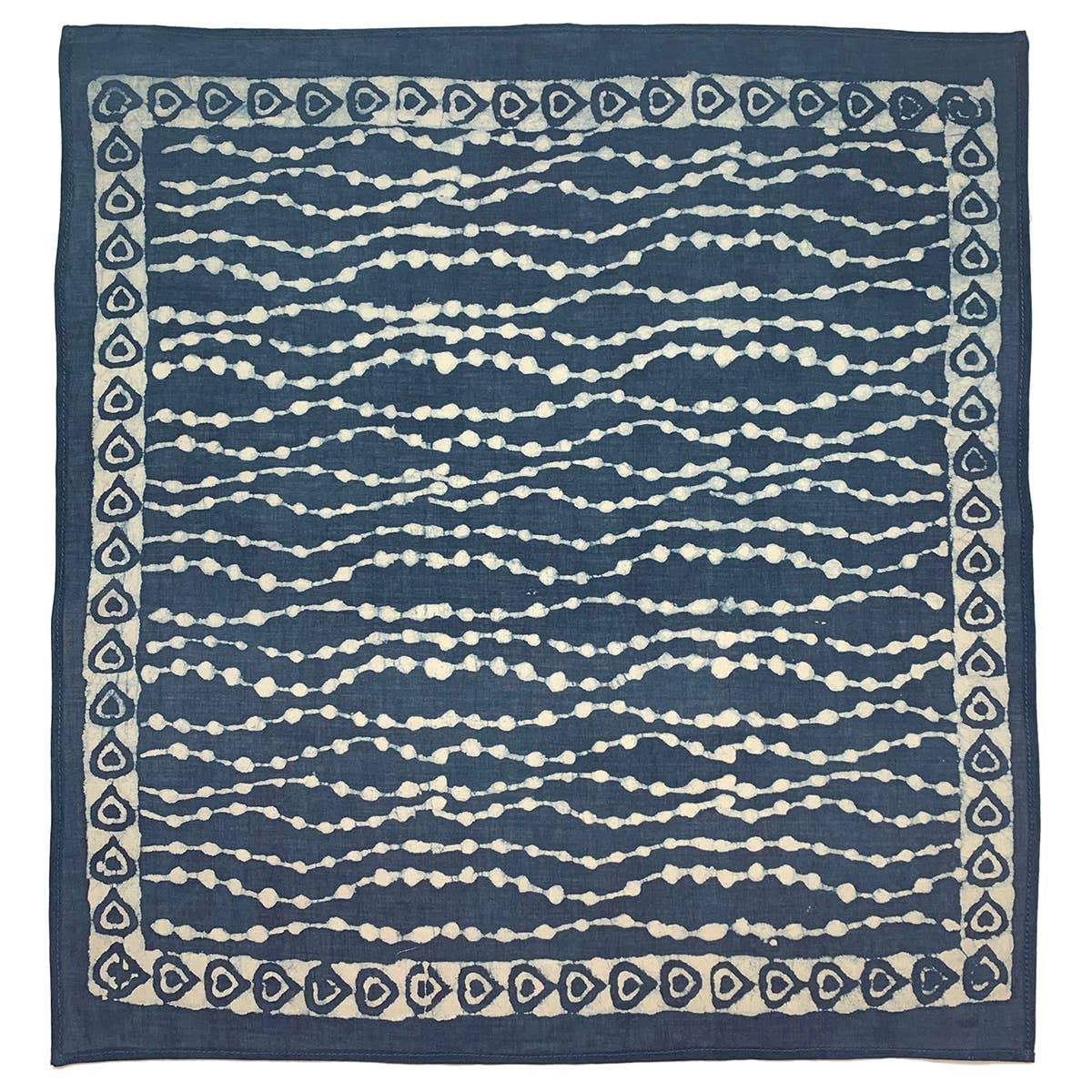 Block Printed Bandana - Navy Circle Stripes Teardrop Border - Spiral Circle