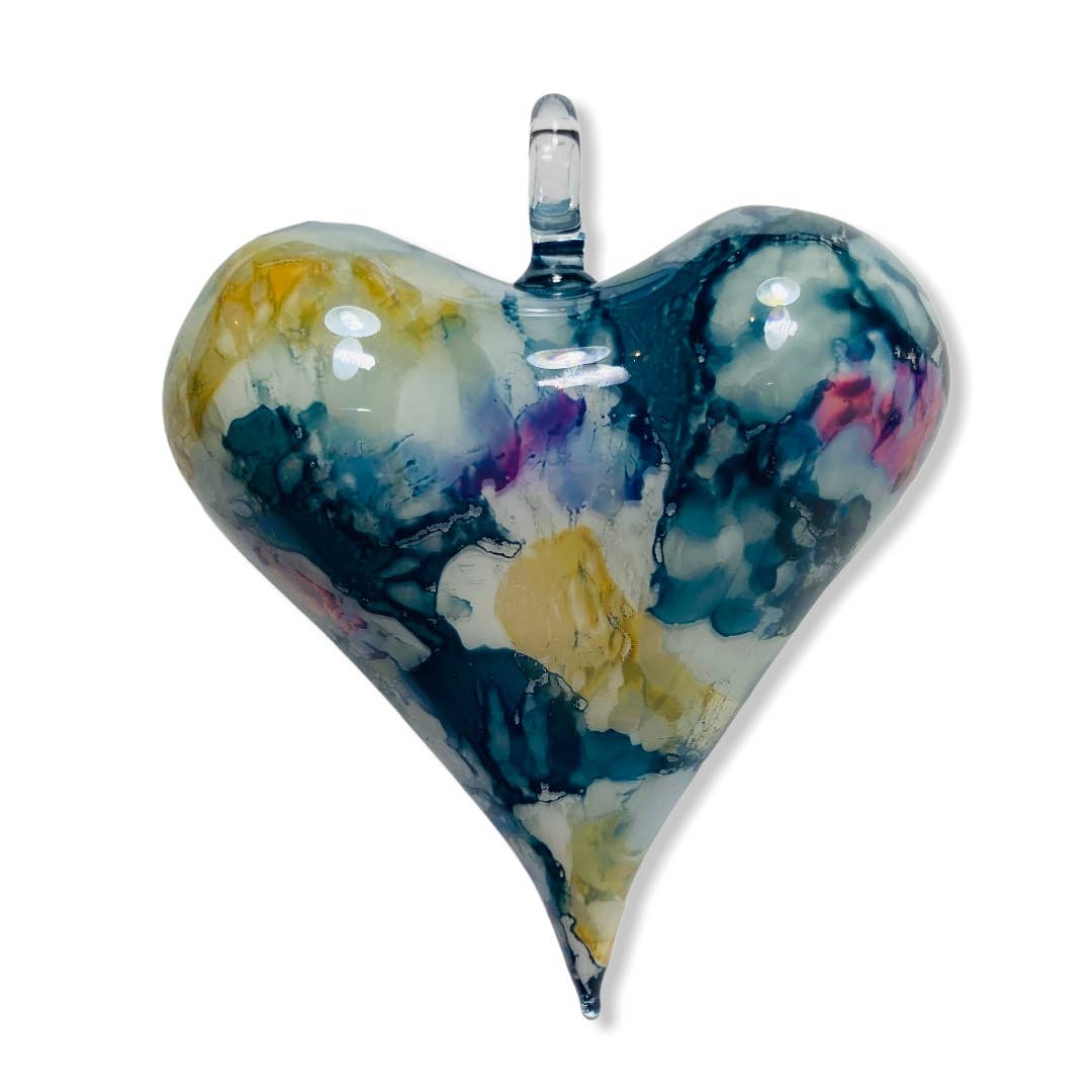 Blown Glass Ornament | Blue Multi Heart - Spiral Circle