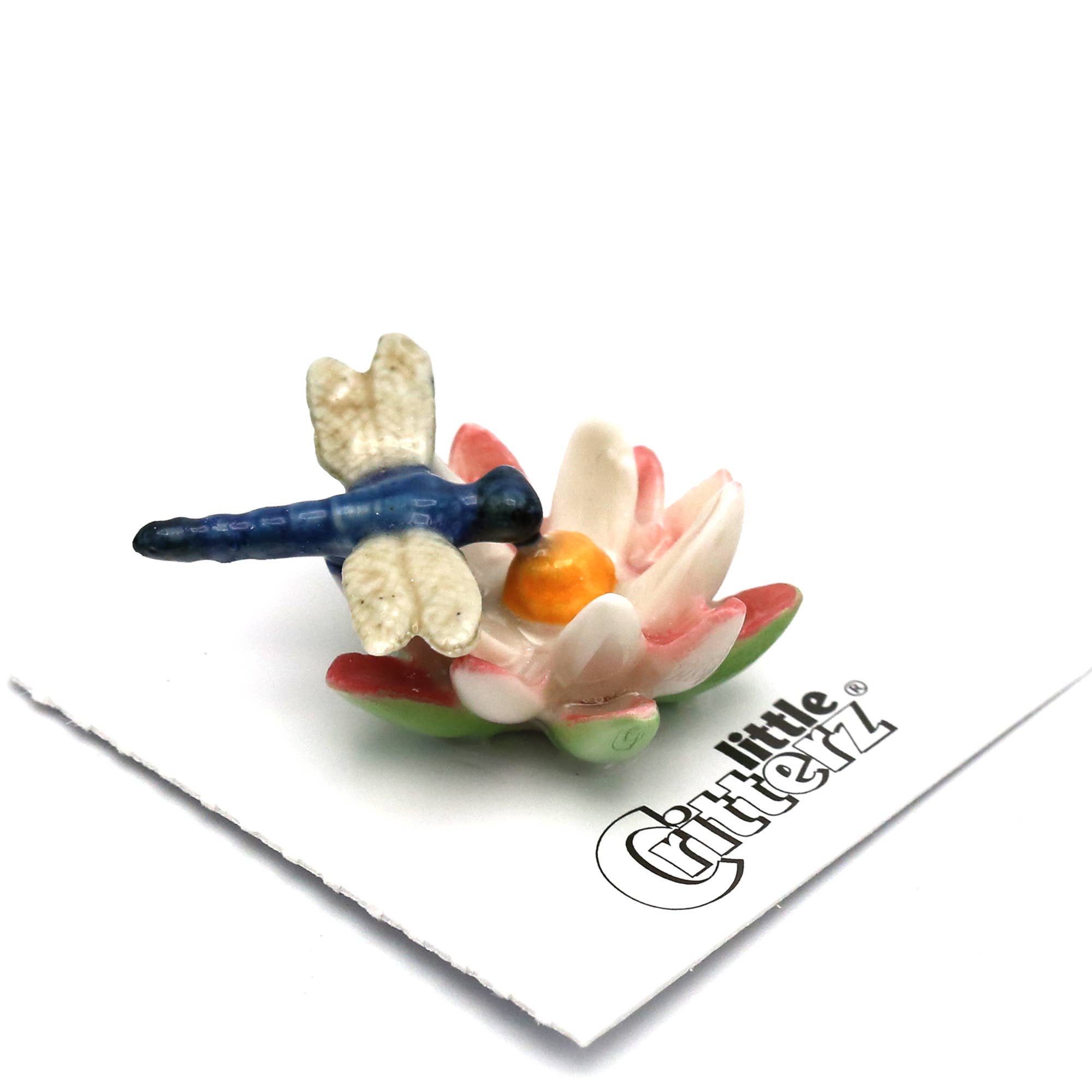 Blue Dragonfly on Water Lily Porcelain Miniature - Spiral Circle