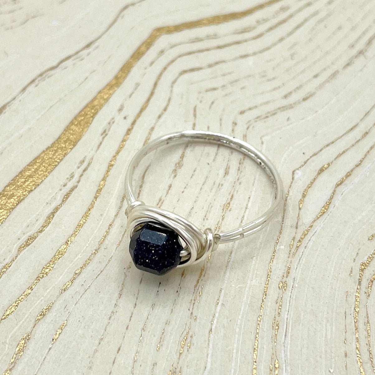 Blue Goldstone Simple Gemstone Ring | Sterling Silver - Spiral Circle
