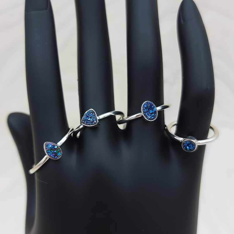 Blue Titanium Druzy Simple Ring | Sterling Silver - Spiral Circle