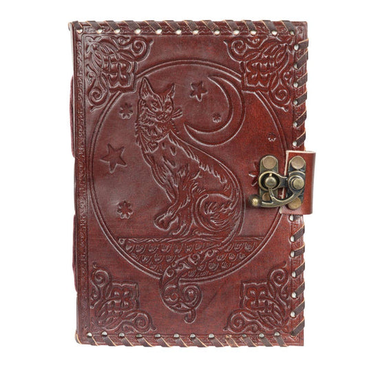 Cat, Moon, And Stars Leather Journal - Spiral Circle