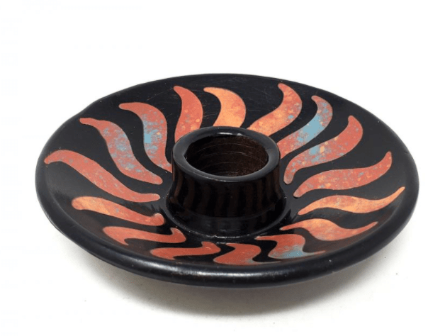Ceramic Burner | Peruvian | 5 inches | deep | Black and Brown Sun Pattern - Spiral Circle