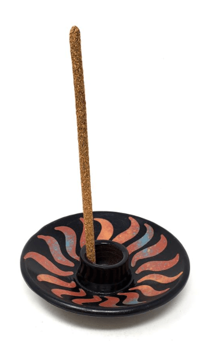 Ceramic Burner | Peruvian | 5 inches | deep | Black and Brown Sun Pattern - Spiral Circle