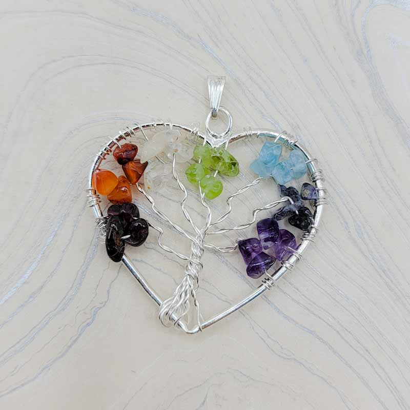 Chakra Tree of Life Heart Wire Wrap Pendant - Spiral Circle