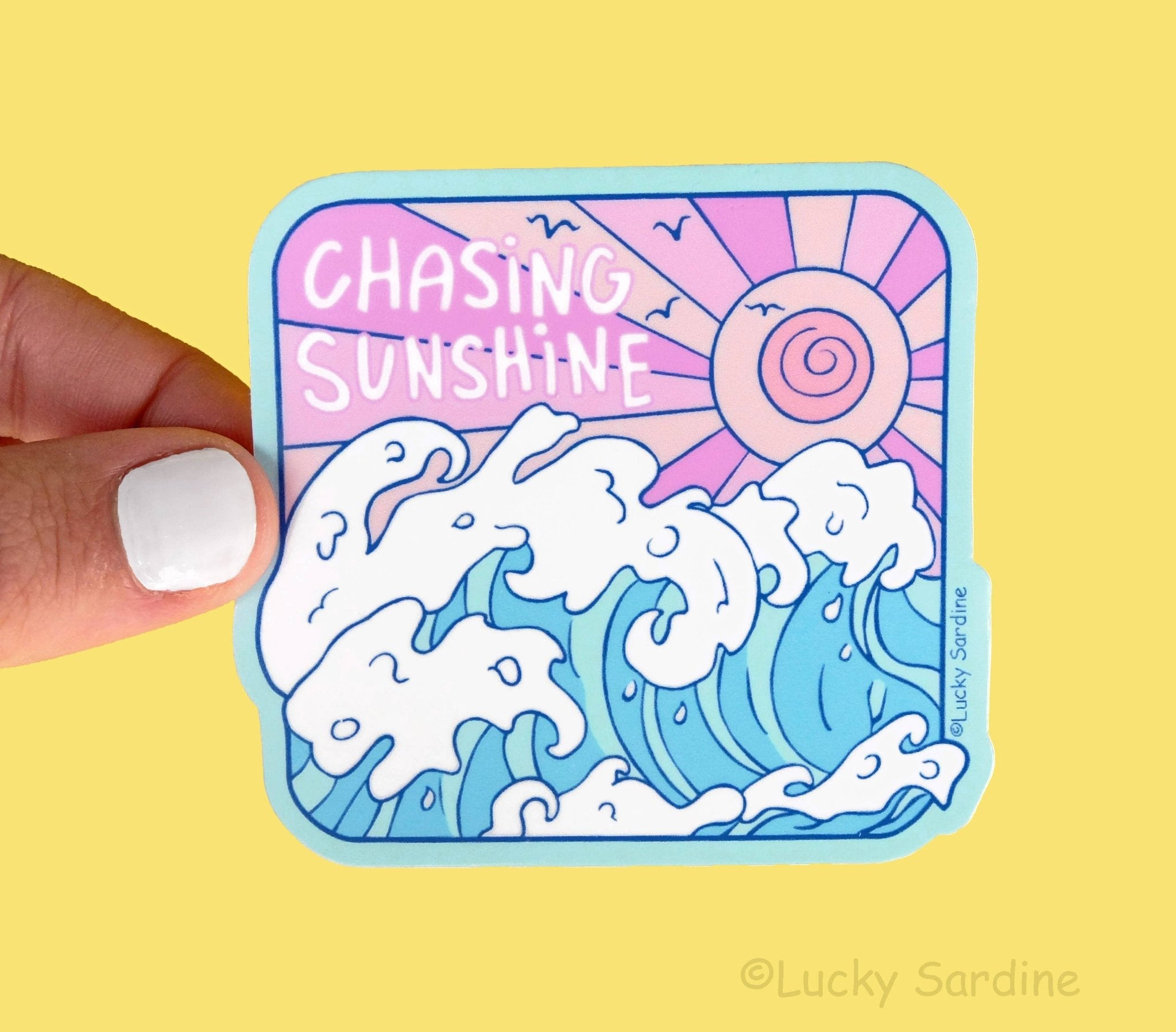 Chasing Sunshine, Ocean Waves, Sunset Vinyl Sticker - Spiral Circle