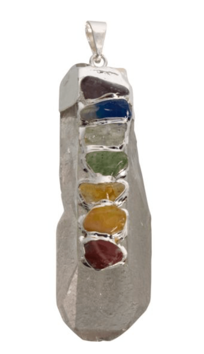 Clear Quartz Point Pendant w/ Chakra Stones - Spiral Circle