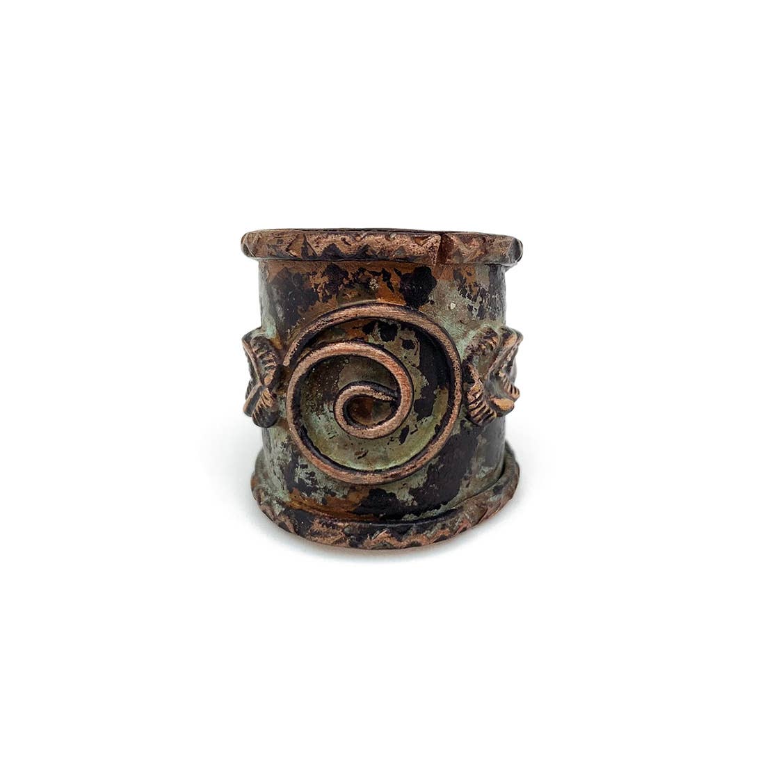 Copper Patina Ring | Turquoise Center Spiral and Leaves - Spiral Circle