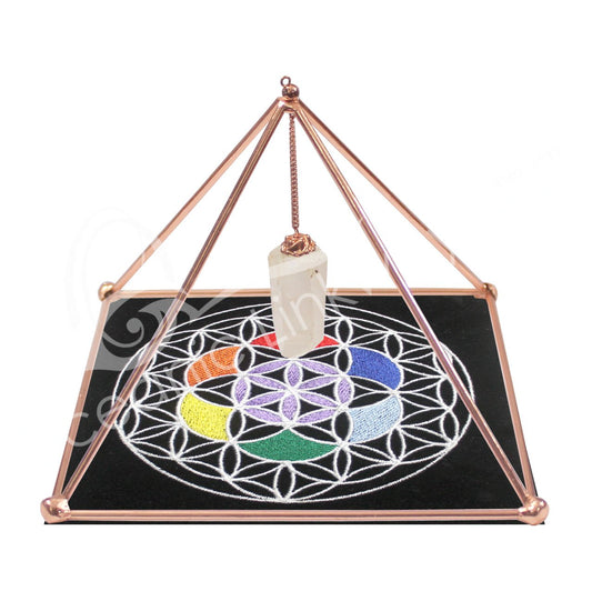 Copper Pyramid with Clear Quartz Pendulum and Mat - Spiral Circle