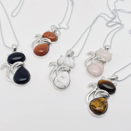 Crystal Cat Pendant Necklace - Spiral Circle
