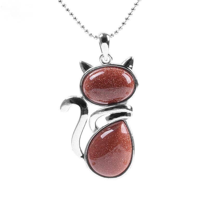 Crystal Cat Pendant Necklace - Spiral Circle
