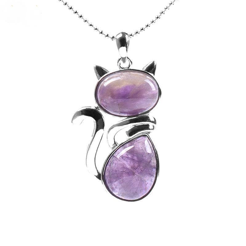 Crystal Cat Pendant Necklace - Spiral Circle