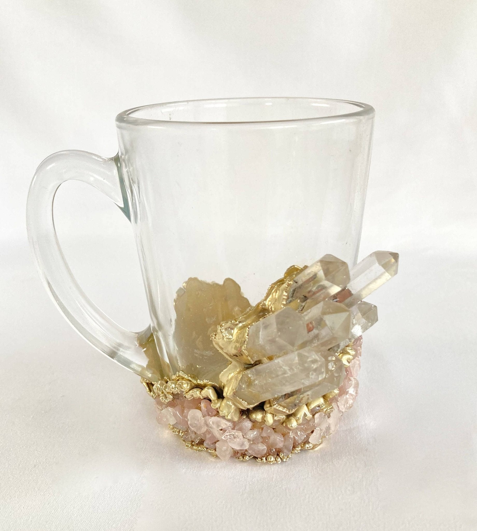 Crystal Glass Tea/Coffee Mug | Rose Quartz | 11oz | Silver Finish - Spiral Circle