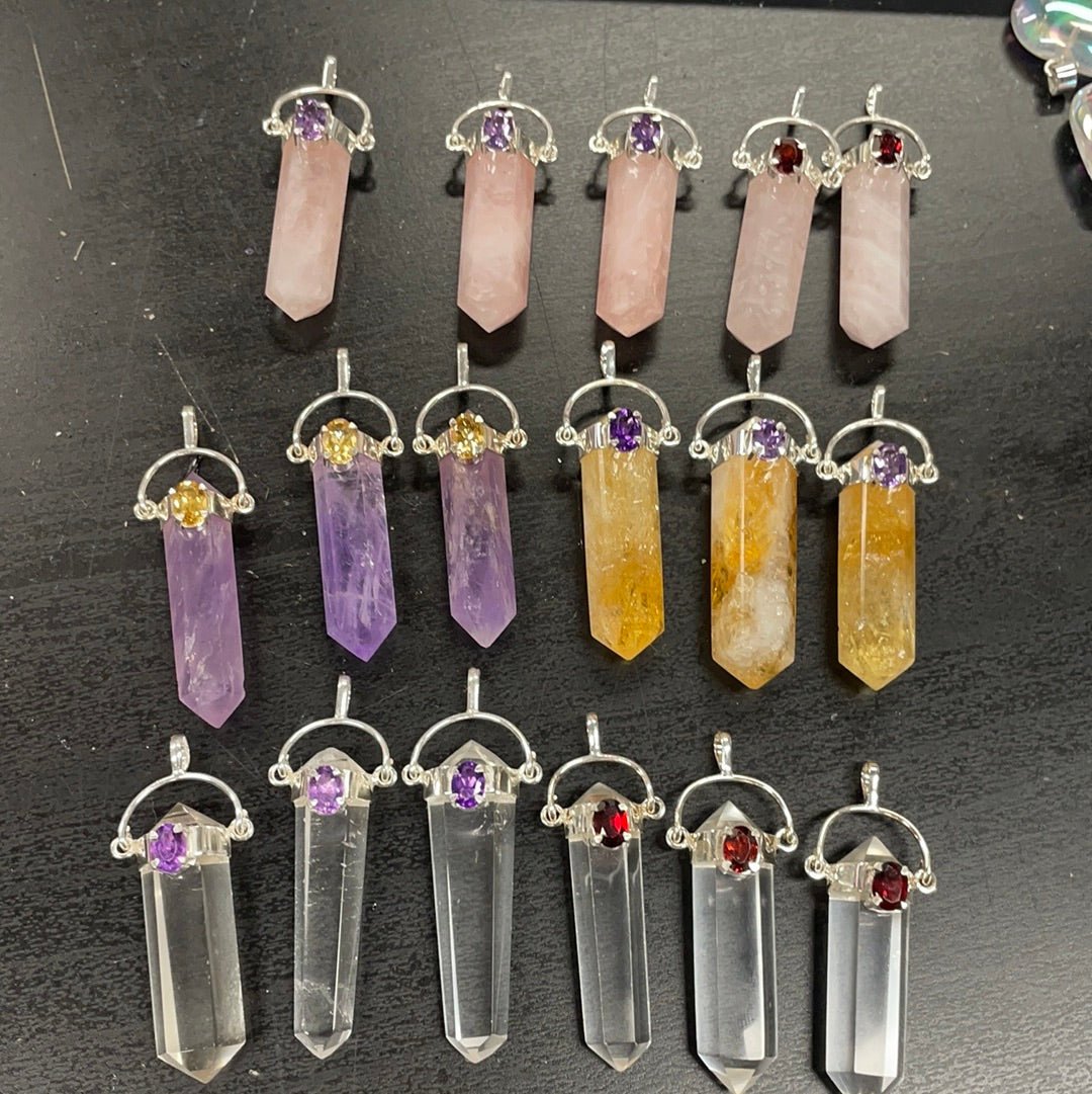 Crystal Point with Gem Pendant | Sterling Silver - Spiral Circle
