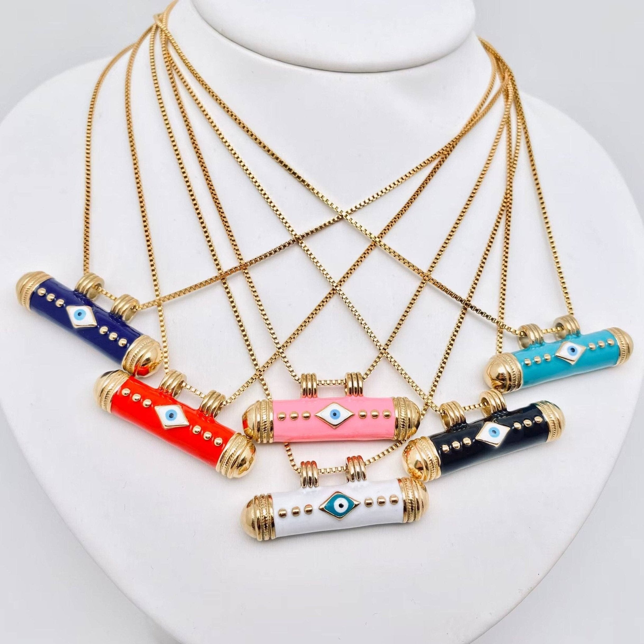 Cylinder Evil Eye Necklace | Assorted - Spiral Circle