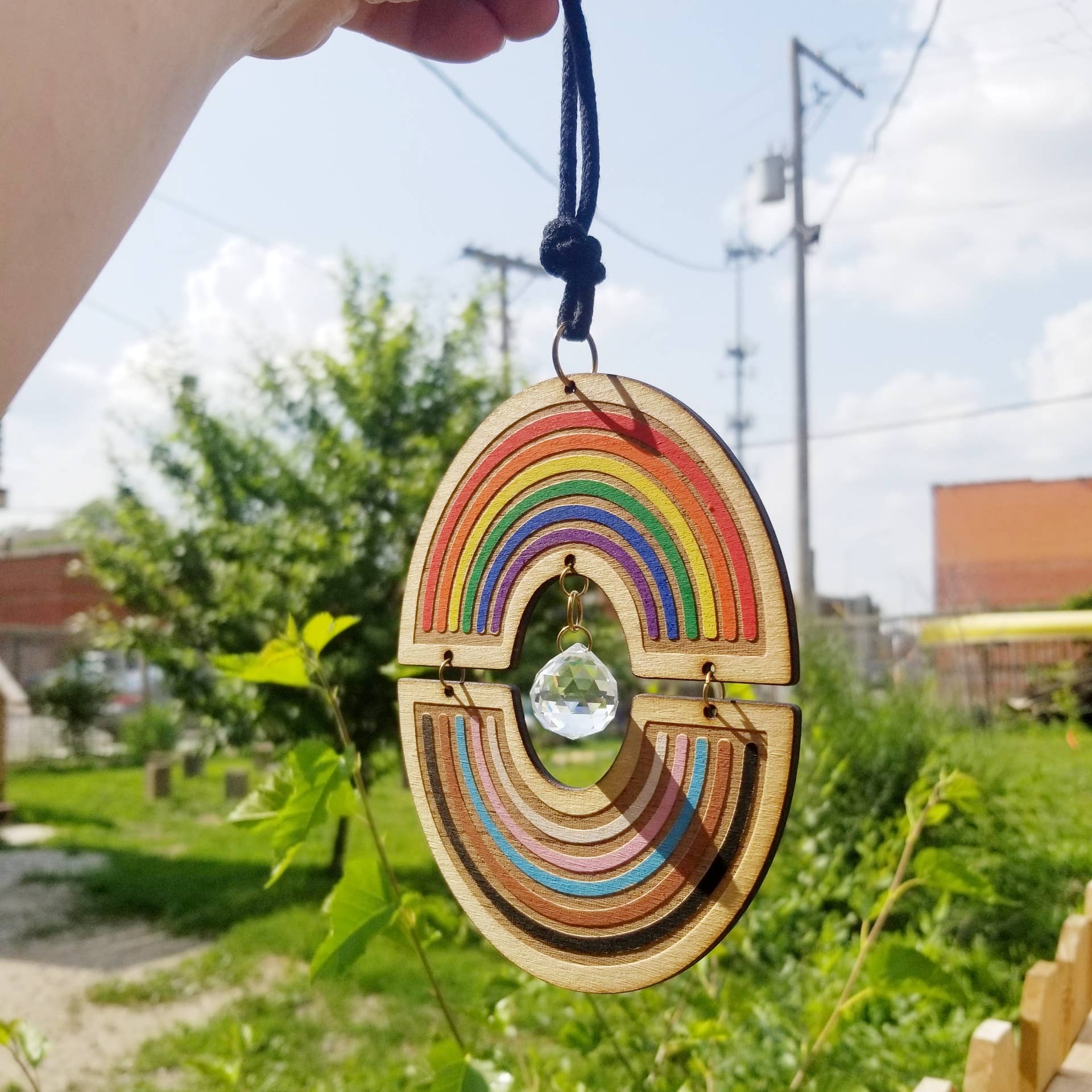Double rainbow laser cut wood suncatcher with crystal prism - Spiral Circle