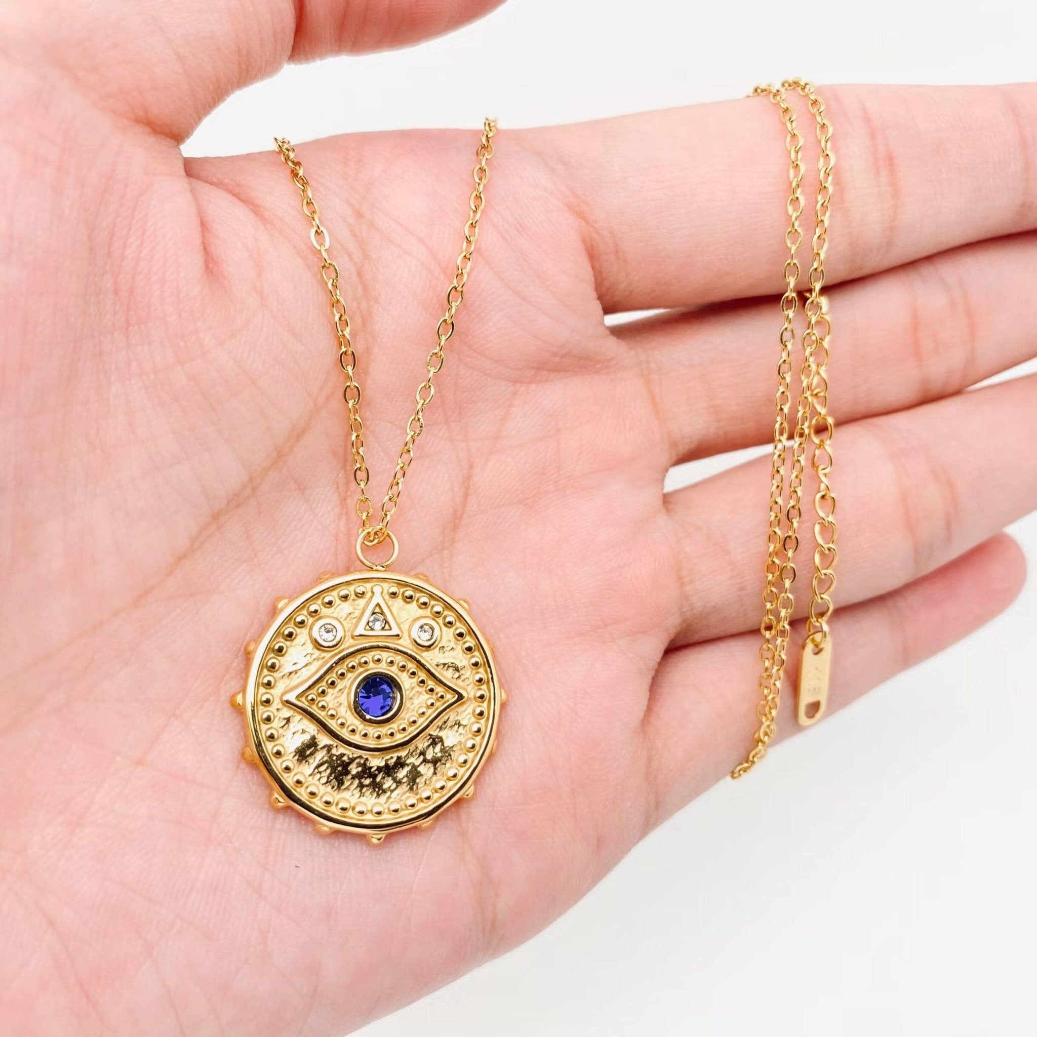 Embossed Blue Eye Charm Necklace - Spiral Circle