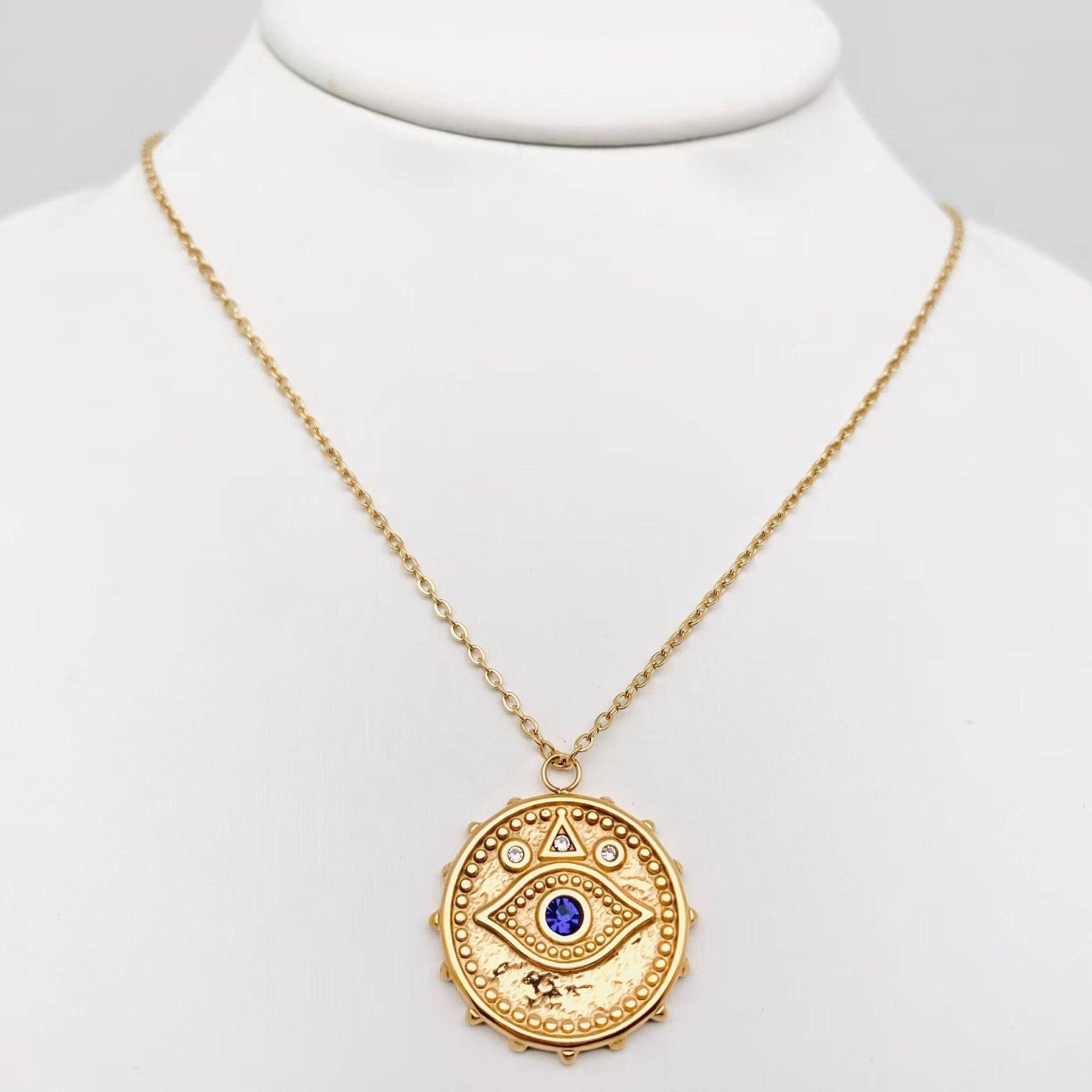 Embossed Blue Eye Charm Necklace - Spiral Circle