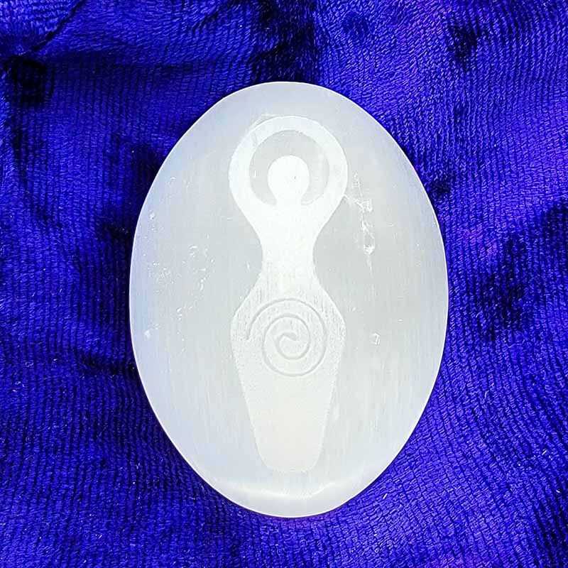 Engraved Selenite Goddess Palmstone - Spiral Circle