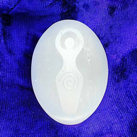 Engraved Selenite Goddess Palmstone - Spiral Circle