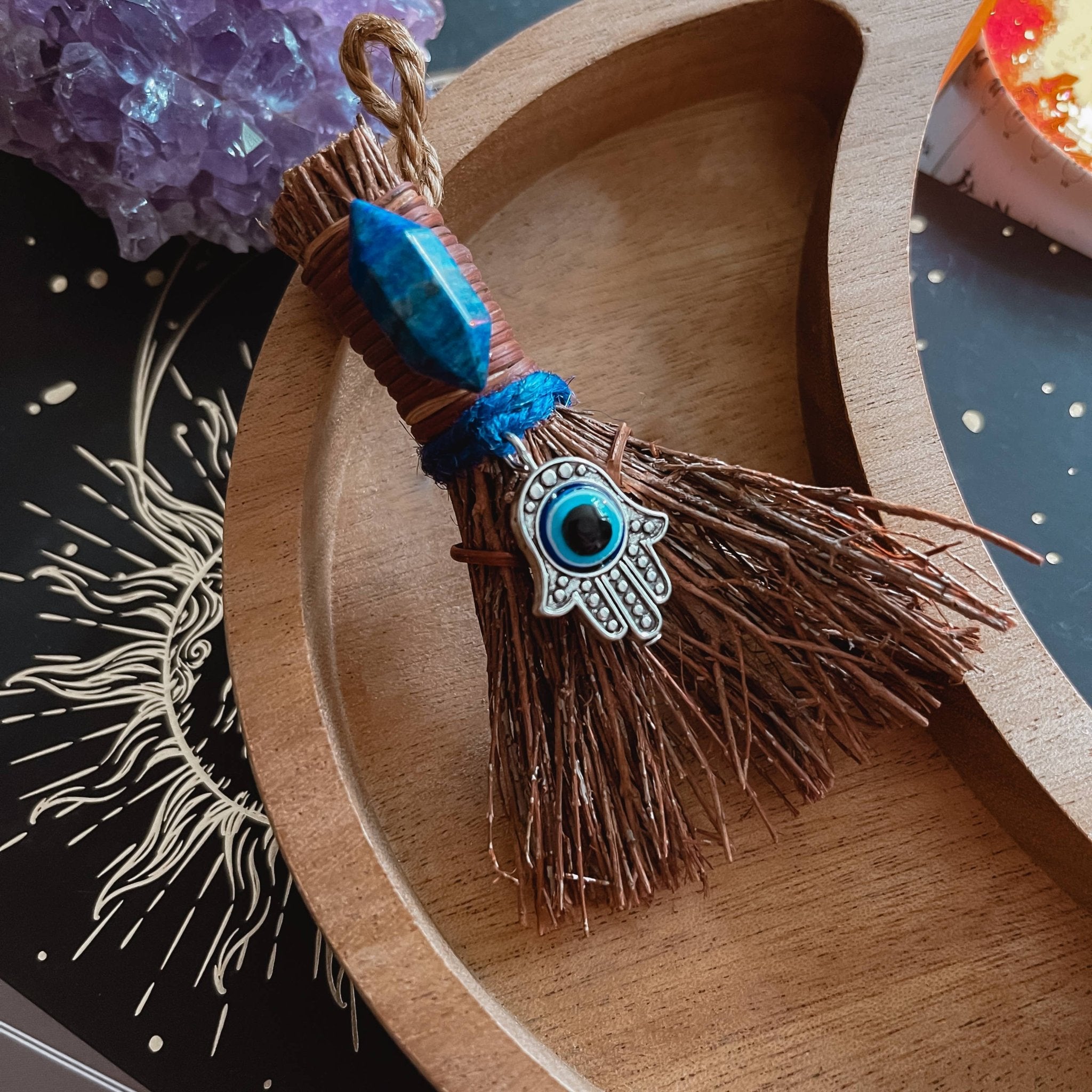 Evil Eye Mini Witch's Besom | Witchy Altar Broom Lapis Lazuli - Spiral Circle