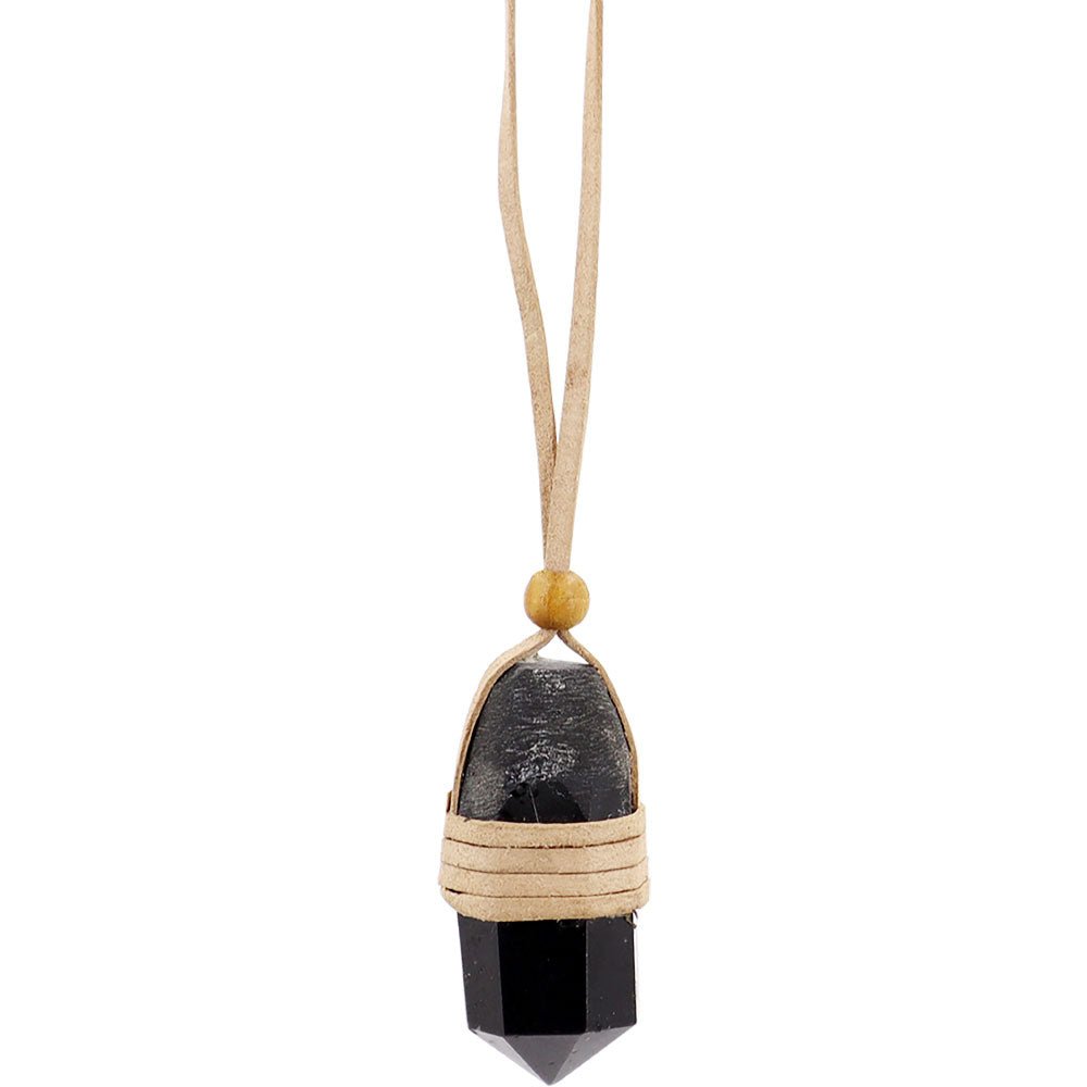 Faceted Point Leather Wrapped Necklace - Black Tourmaline - Spiral Circle