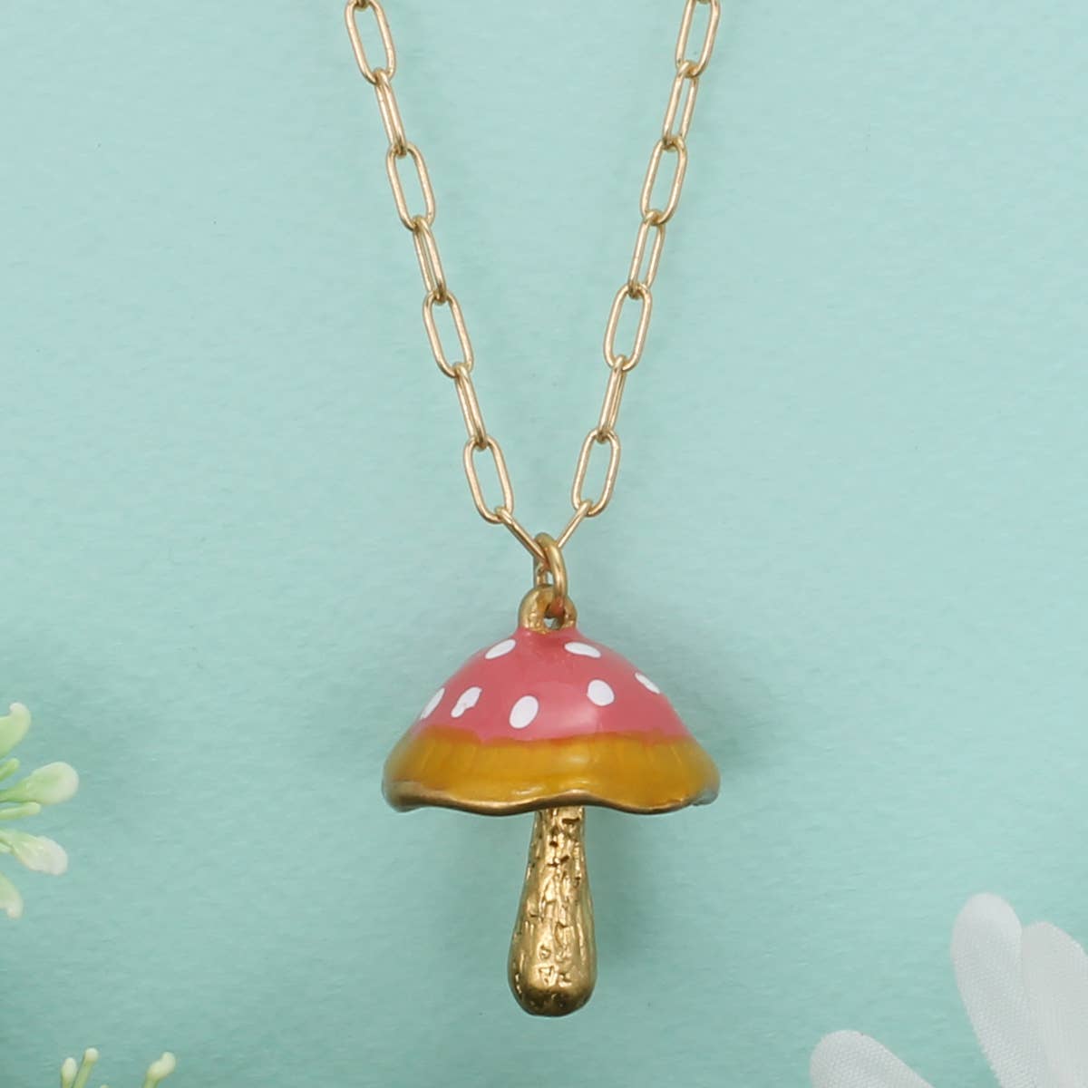 Fantasy Forest Pink Mushroom Necklace - Spiral Circle