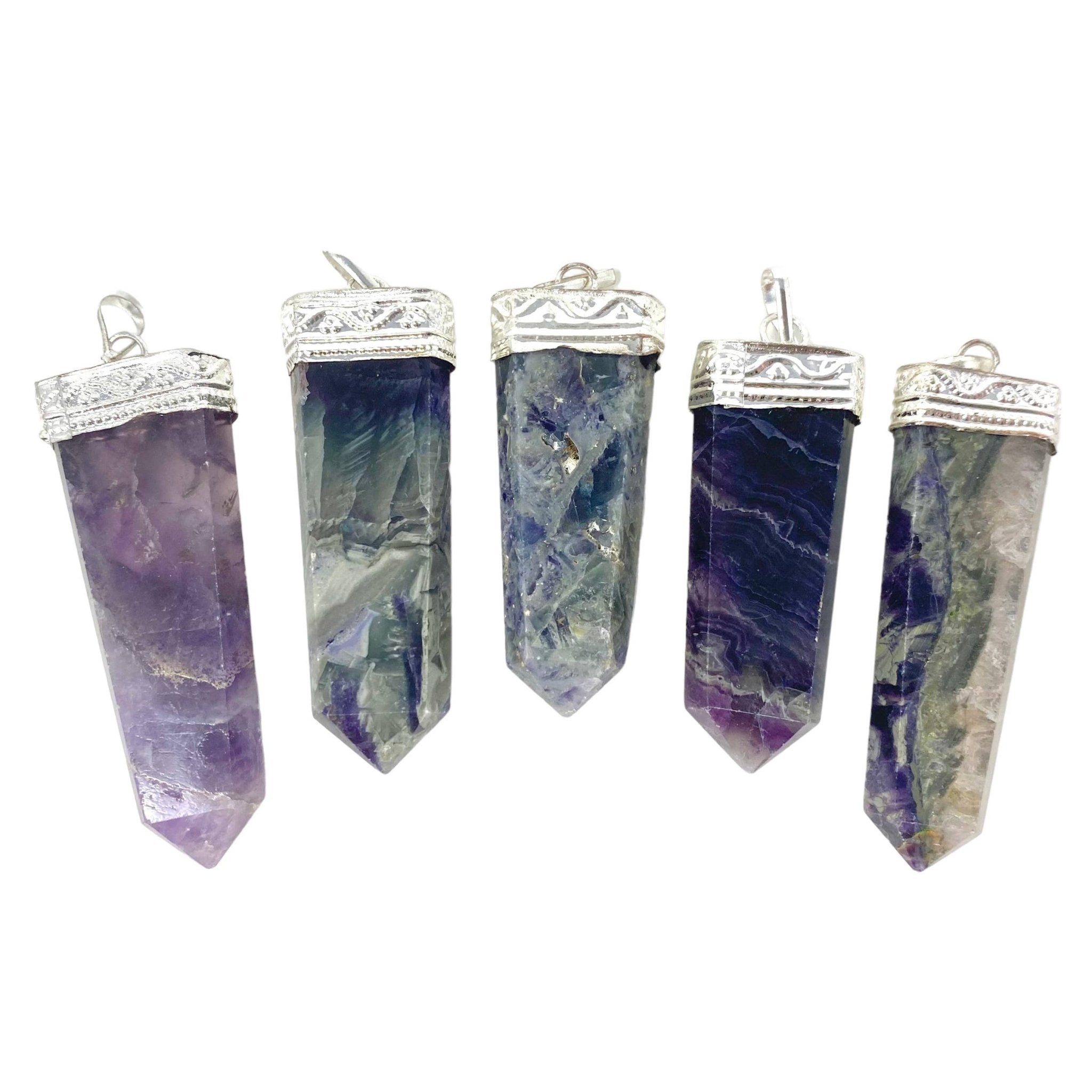 Fluorite Flat Pendant | Silver Plated Top - Spiral Circle