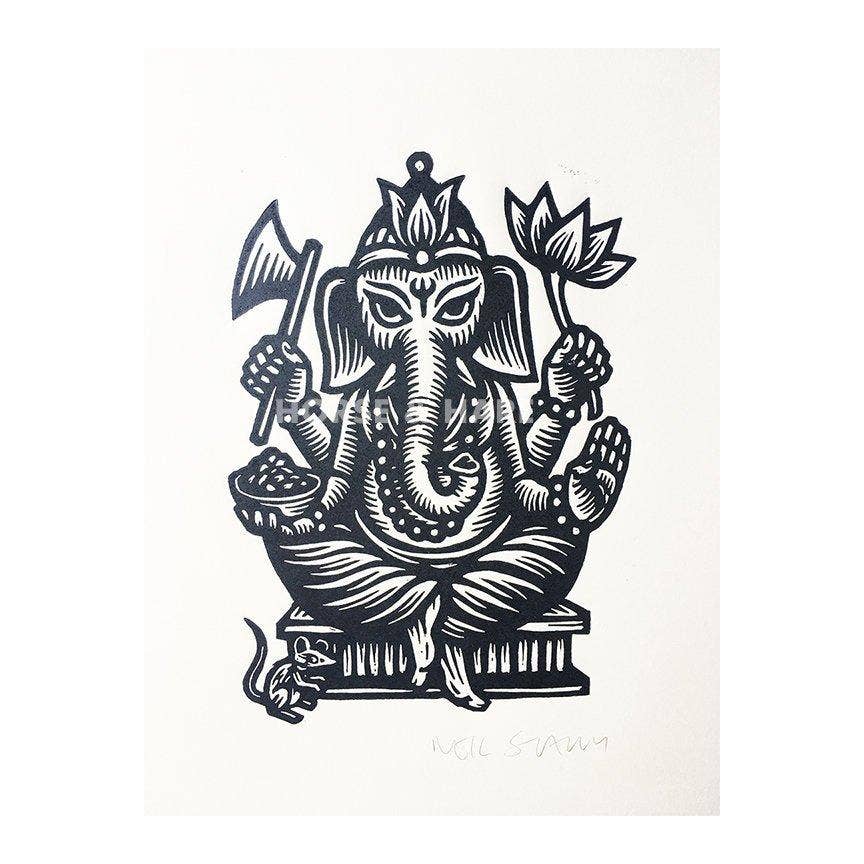 Ganesha Linocut Art Print - Spiral Circle