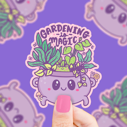 Gardening Is Magic Witchy Plant Cauldron Vinyl Sticker - Spiral Circle