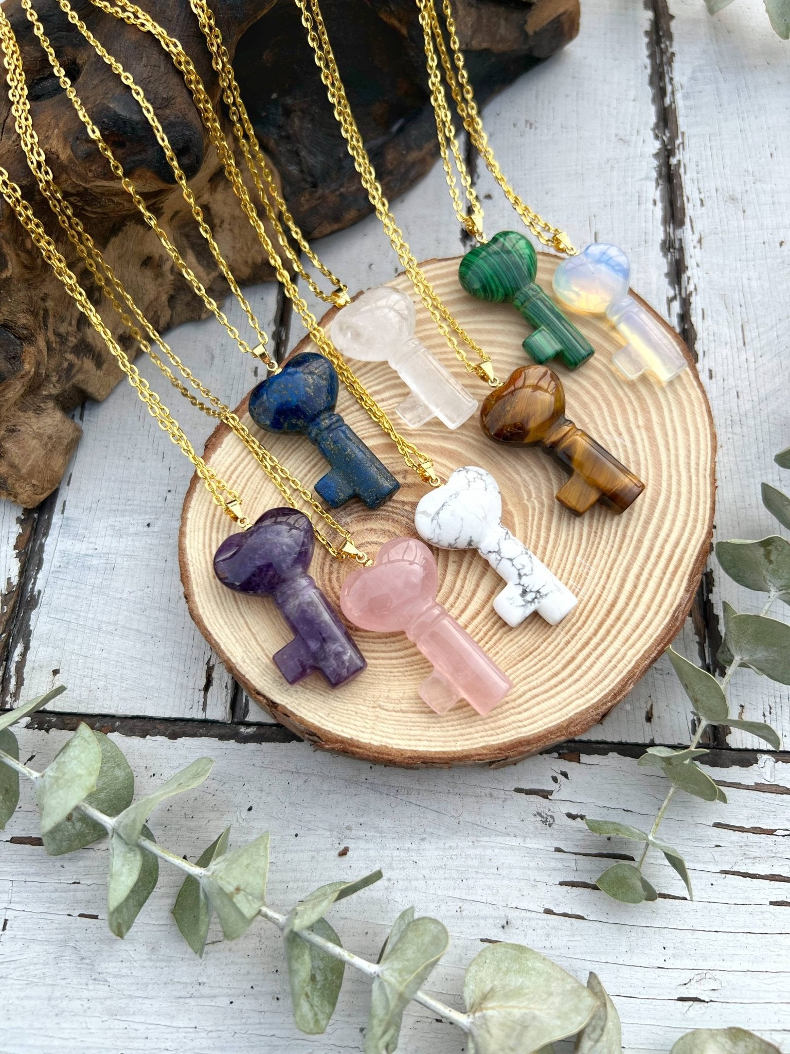 Genuine Gemstone Key Necklace - Spiral Circle