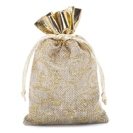 Gift Bags | Natural Fabric | 4" x 6" | Gold & Jute - Spiral Circle