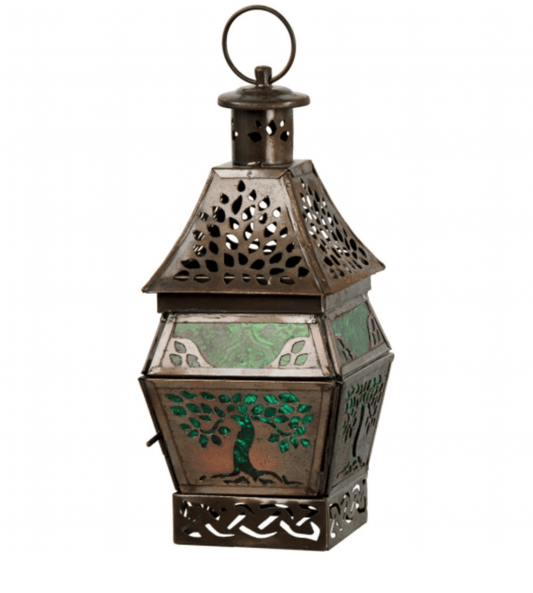 Glass & Metal Lantern Tree of Life Green - Spiral Circle