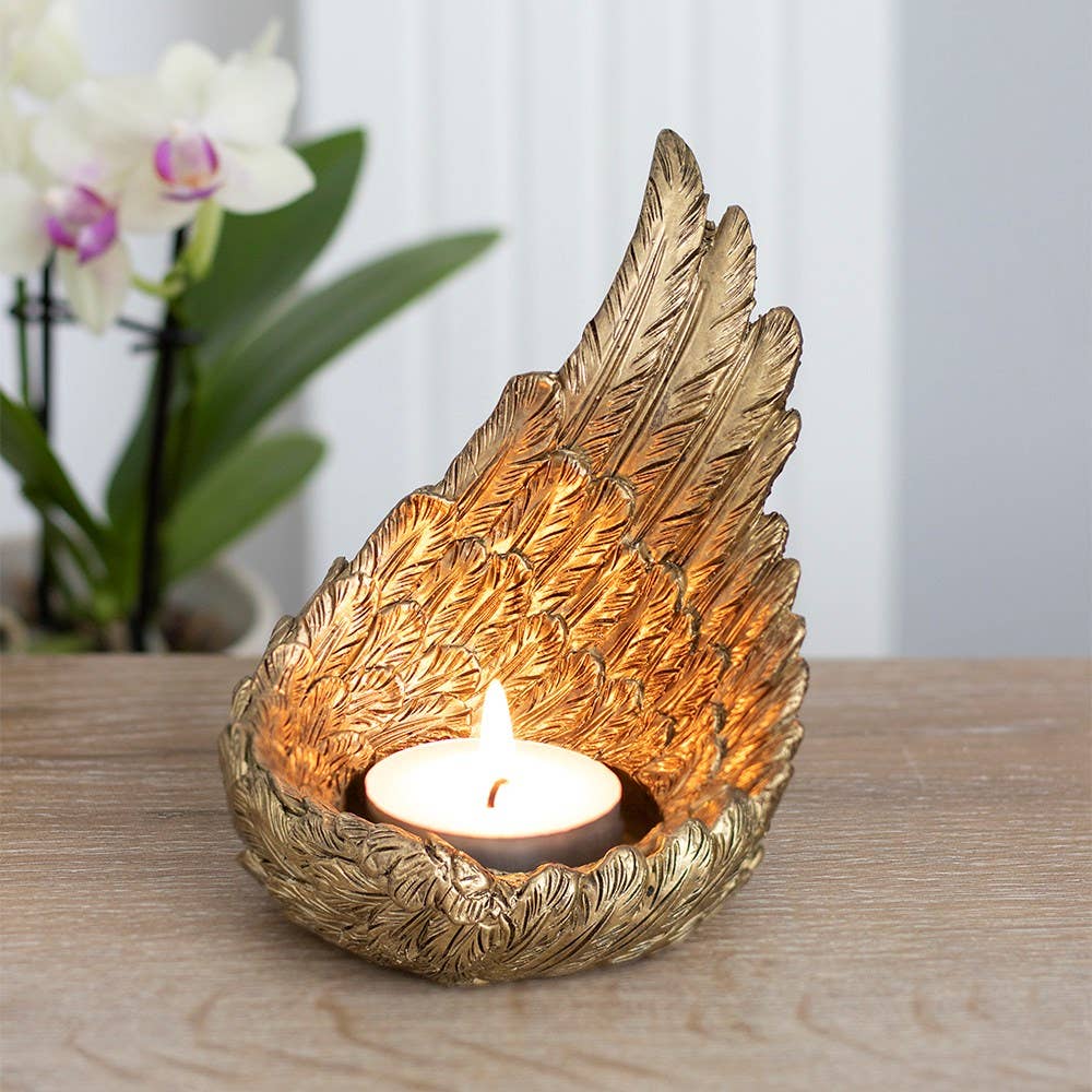 Gold Single Raised Angel Wing Candle Holder - Spiral Circle