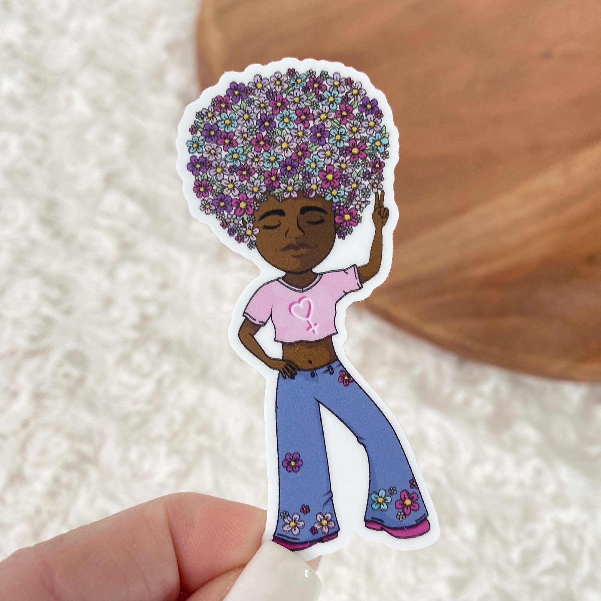 Groovy Girl With Flower Hair Sticker - Spiral Circle